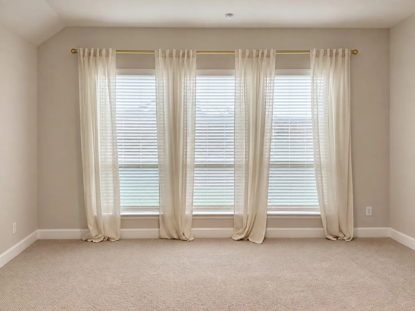 Carpeted room featuring three windows