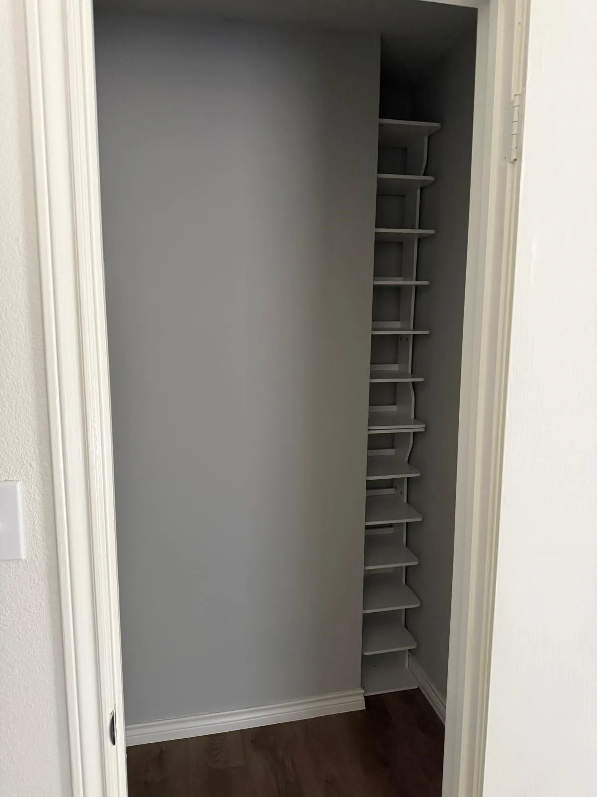 Closet with built-in shelving, wood-finish flooring, and crisp white trim
