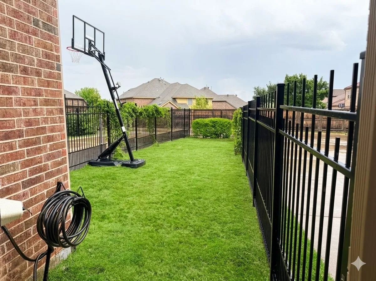 Expansive green lawn with brick exterior and black metal fencing