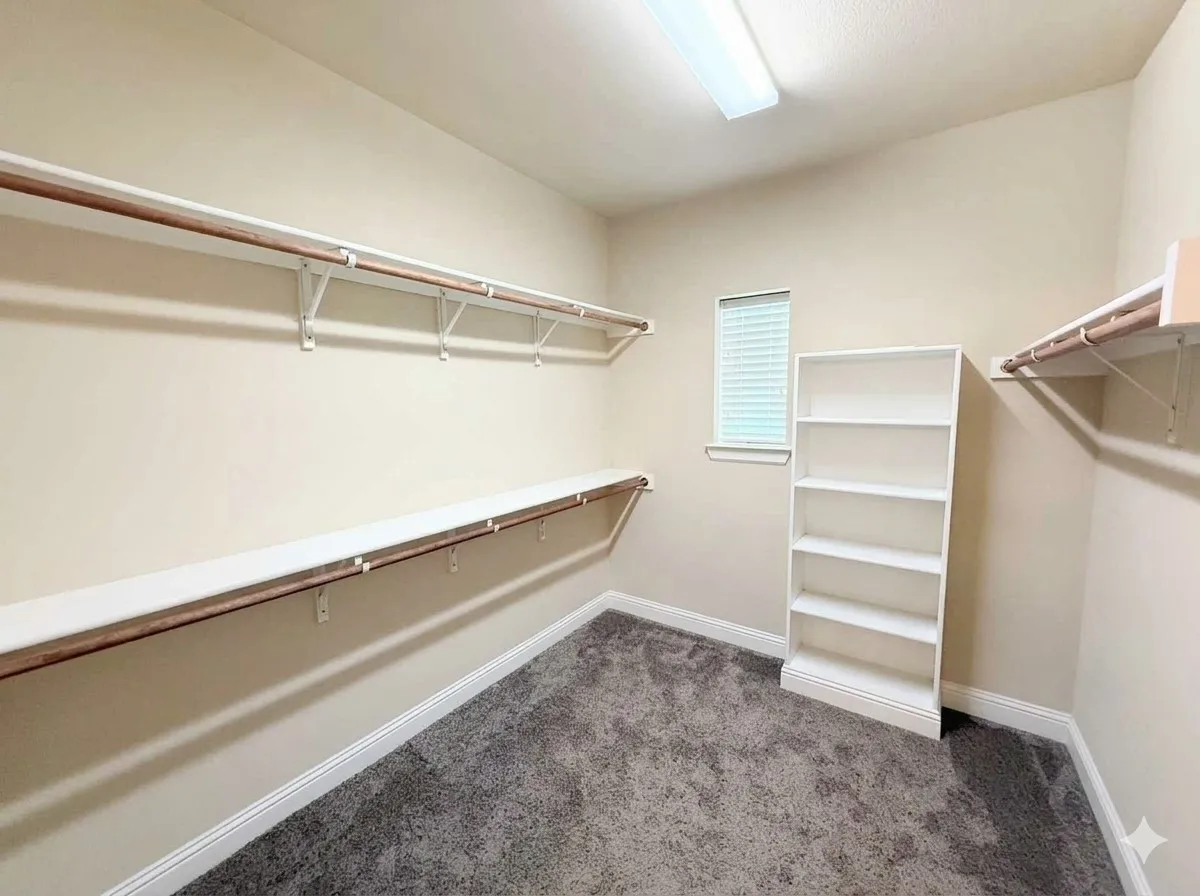 Recessed lighting, wall-mounted shelving, built-in storage unit, window with blinds, and carpeted flooring