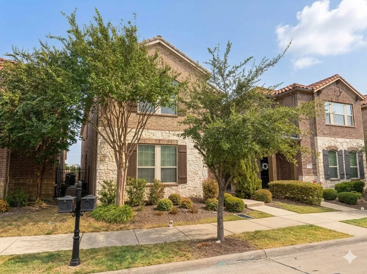 Two-story residence featuring brick and stone façade with tile roof detailing