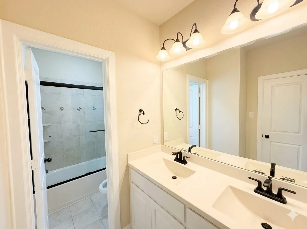 Dual vanity with integrated sinks, white cabinetry, and a large wall-mounted mirror