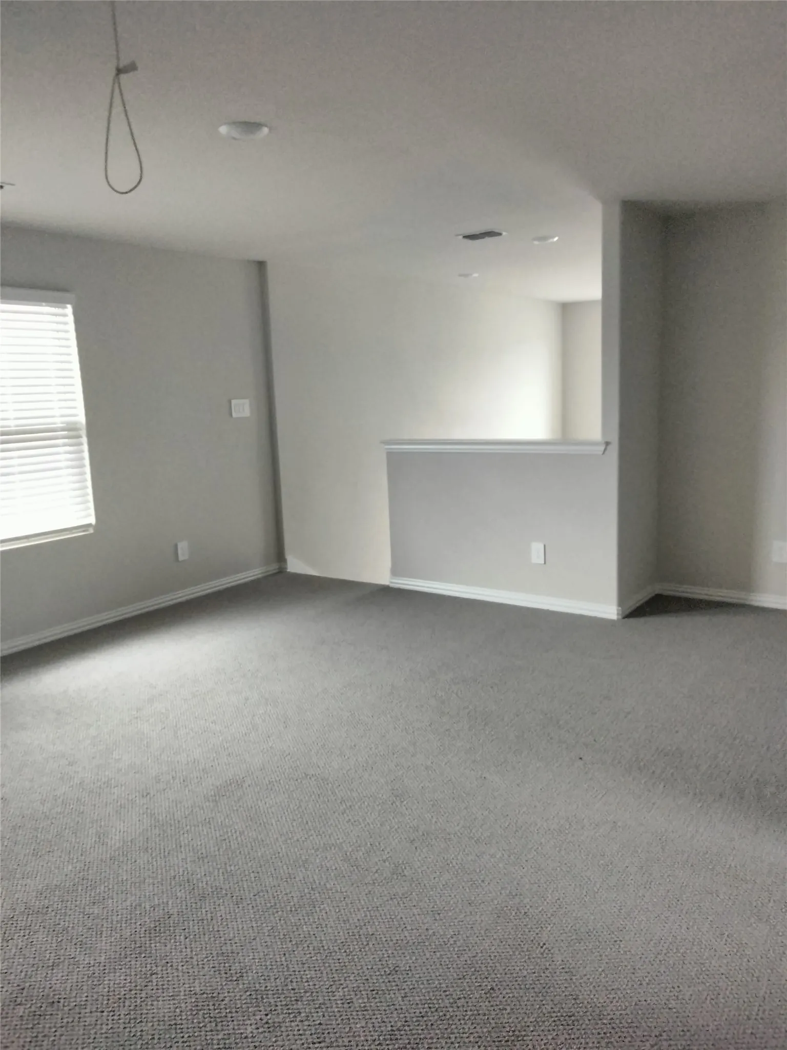 Recessed lighting, light gray carpeting, and neutral wall tones