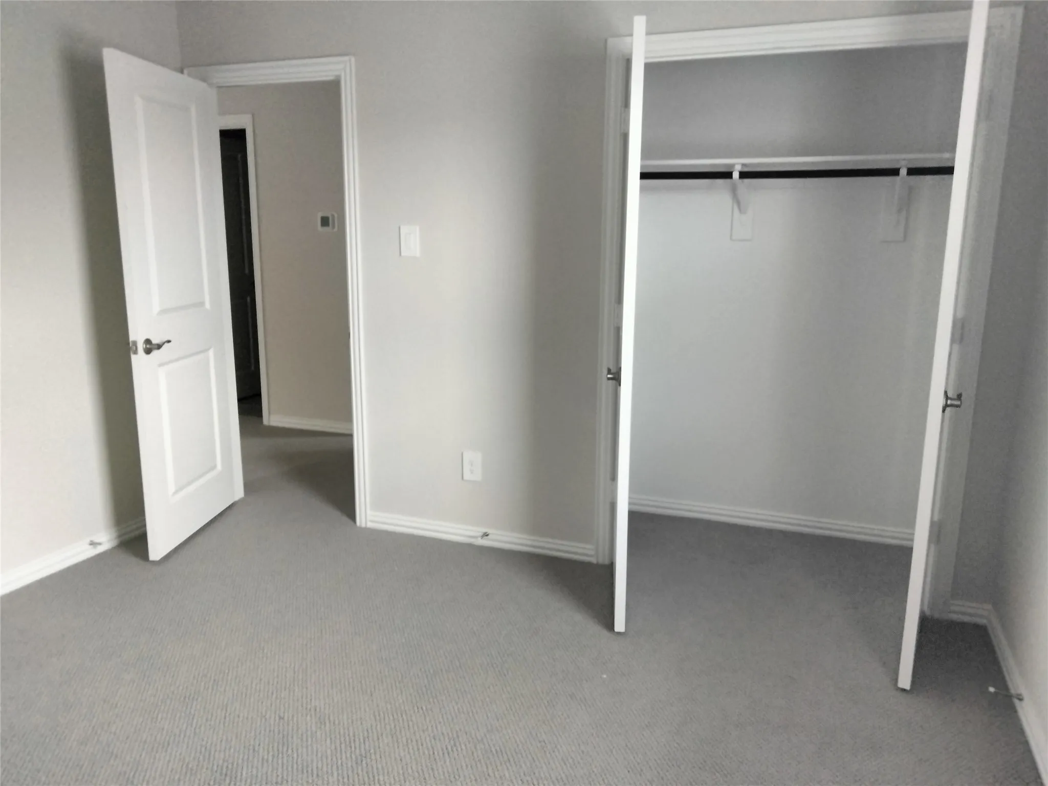 Neutral-toned wall paint, light gray carpet flooring, white paneled doors, and a closet with a hanging rod