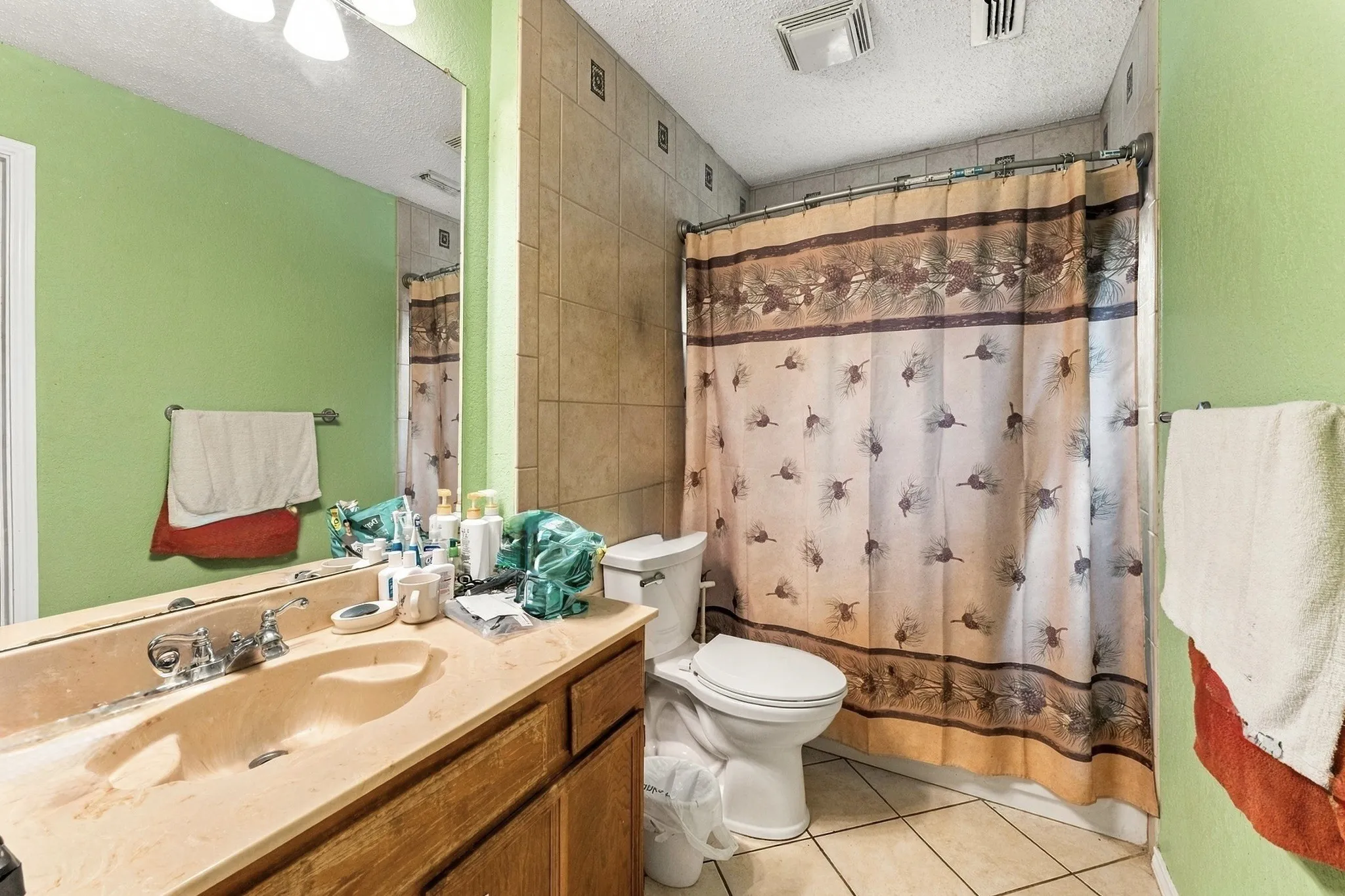 Vanity with integrated sink, wooden cabinetry, and wall-mounted mirror