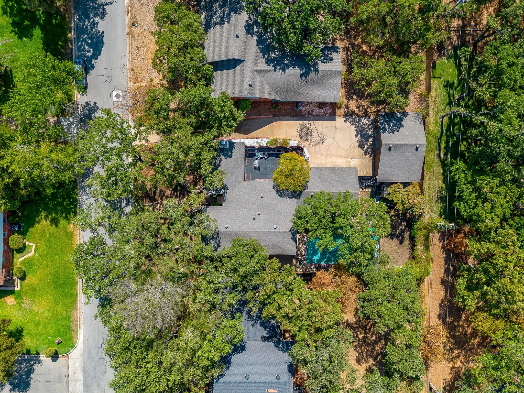 Multiple structures with gray shingle roofs, mature trees, concrete driveway, and a visible swimming pool