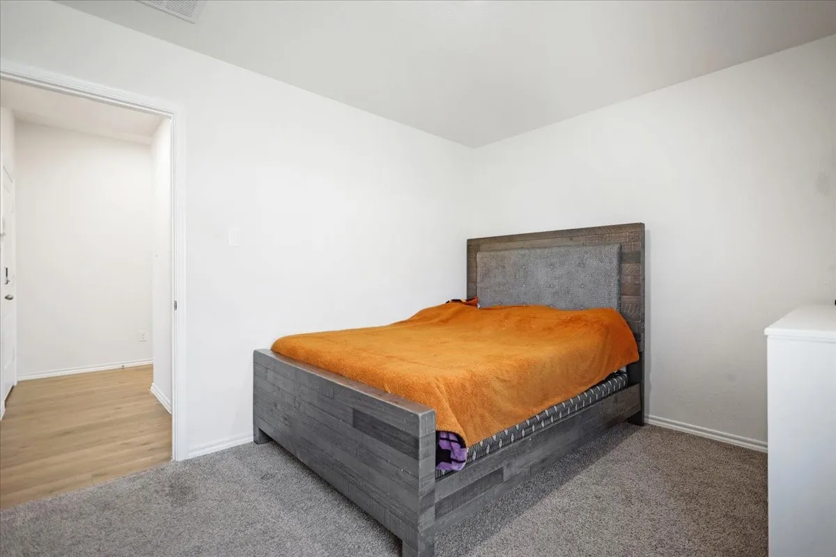 Plush grey carpeting, white painted walls, and a white interior door