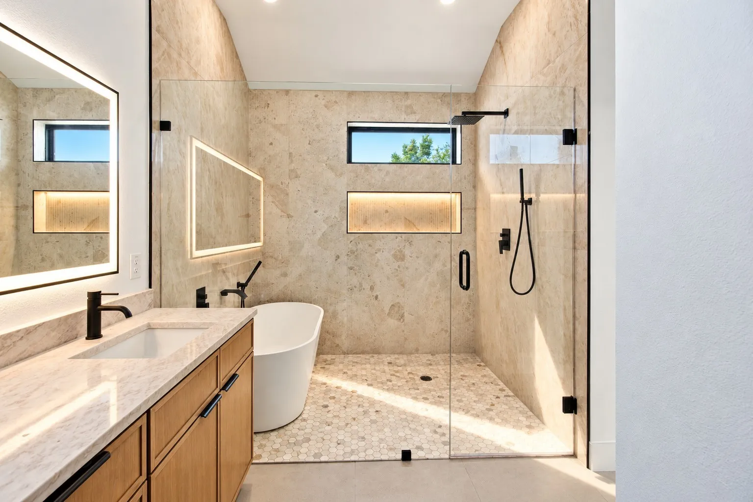 Dual vanity with wood-finish cabinetry and undermount sinks
