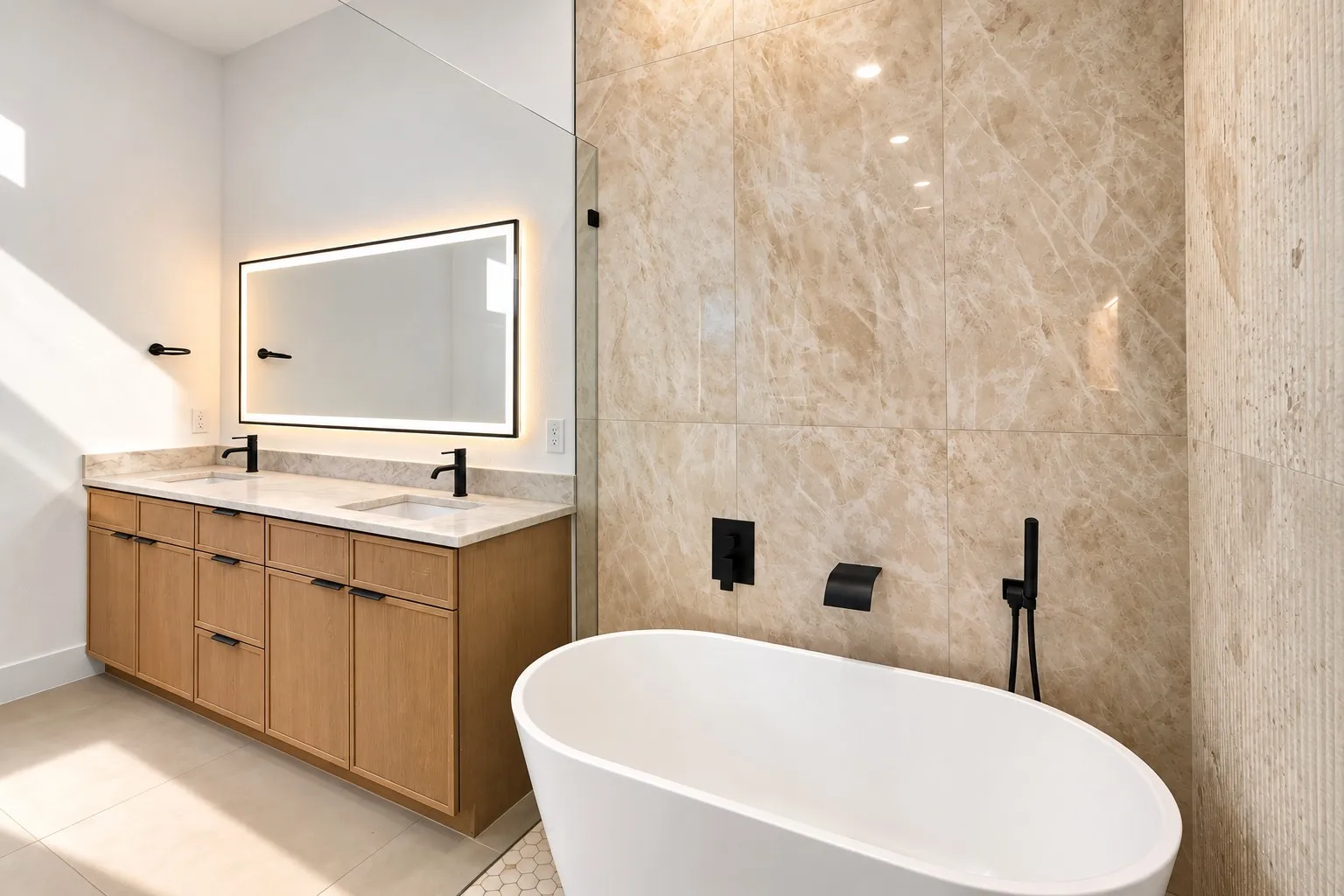 Dual vanity with wood-finish cabinetry and light-toned countertops