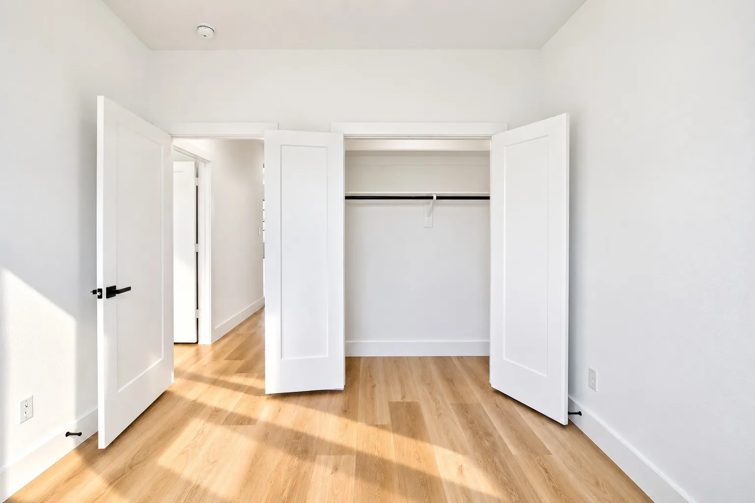 Light wood-finish flooring, white walls, and a built-in closet with a hanging rod