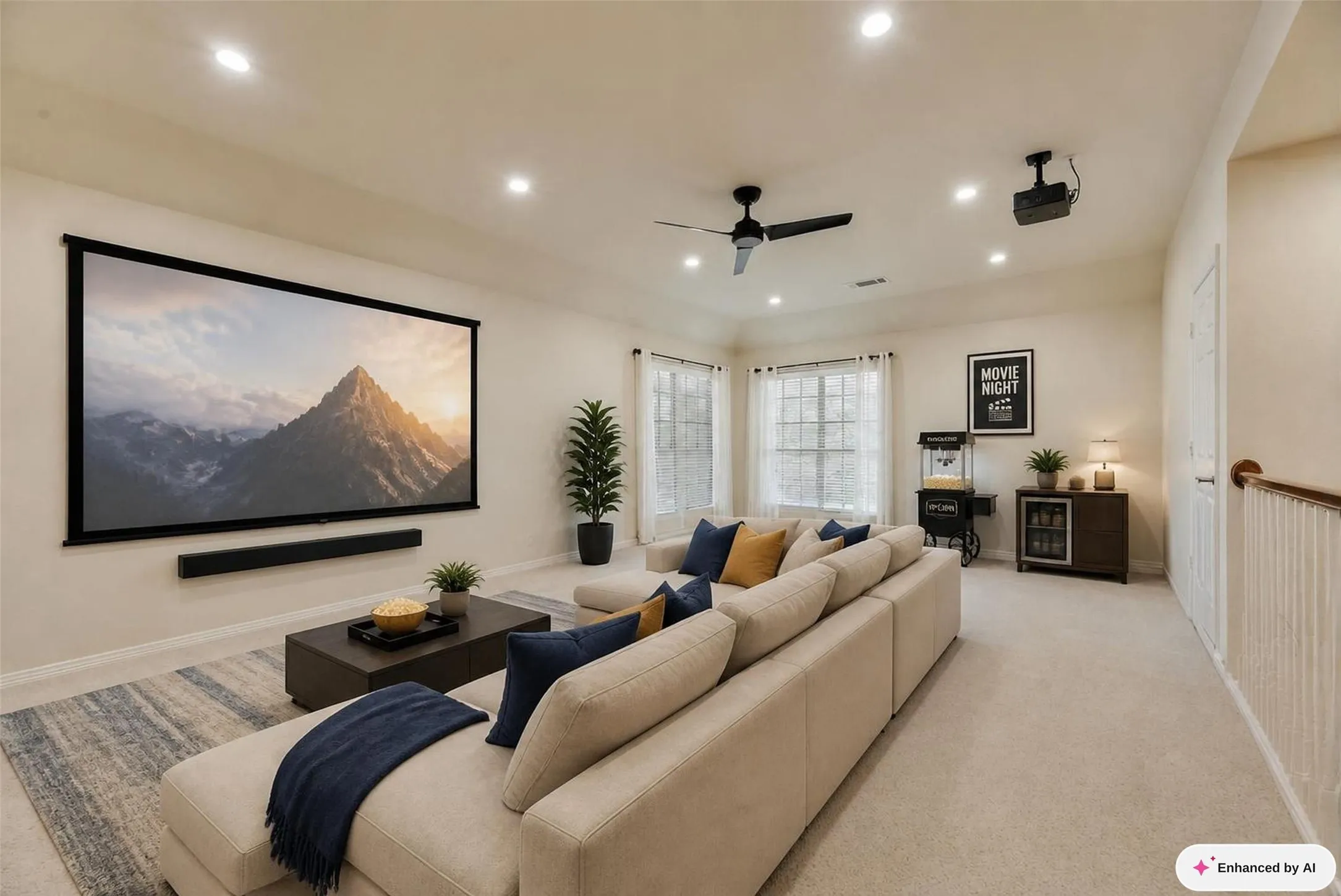 Large projection screen, recessed lighting, ceiling fan, multiple windows, and built-in shelving