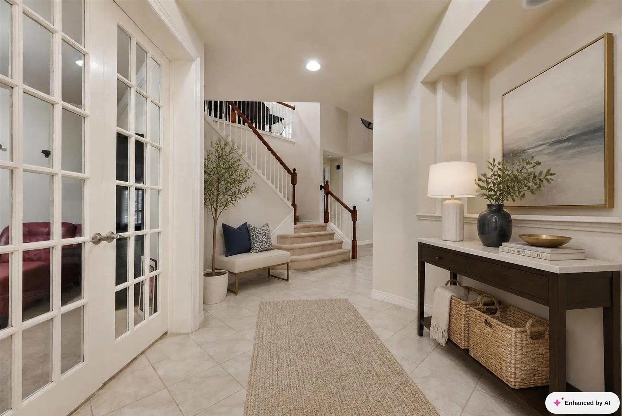 Entryway featuring tile flooring, a staircase with wood handrails, white balusters, and carpeted treads, and French doors