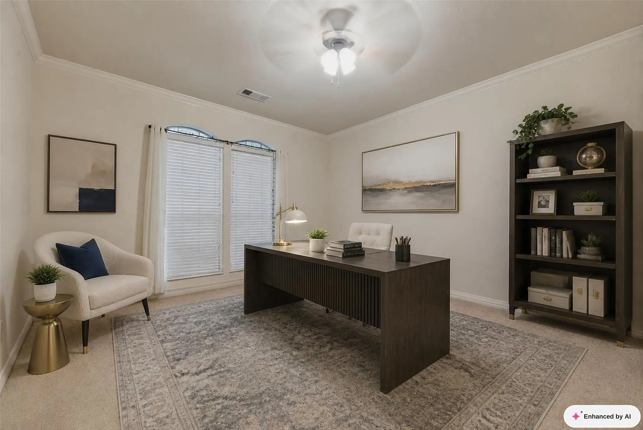 Dual windows with integrated blinds, crown molding, and a ceiling-mounted light fixture with fan
