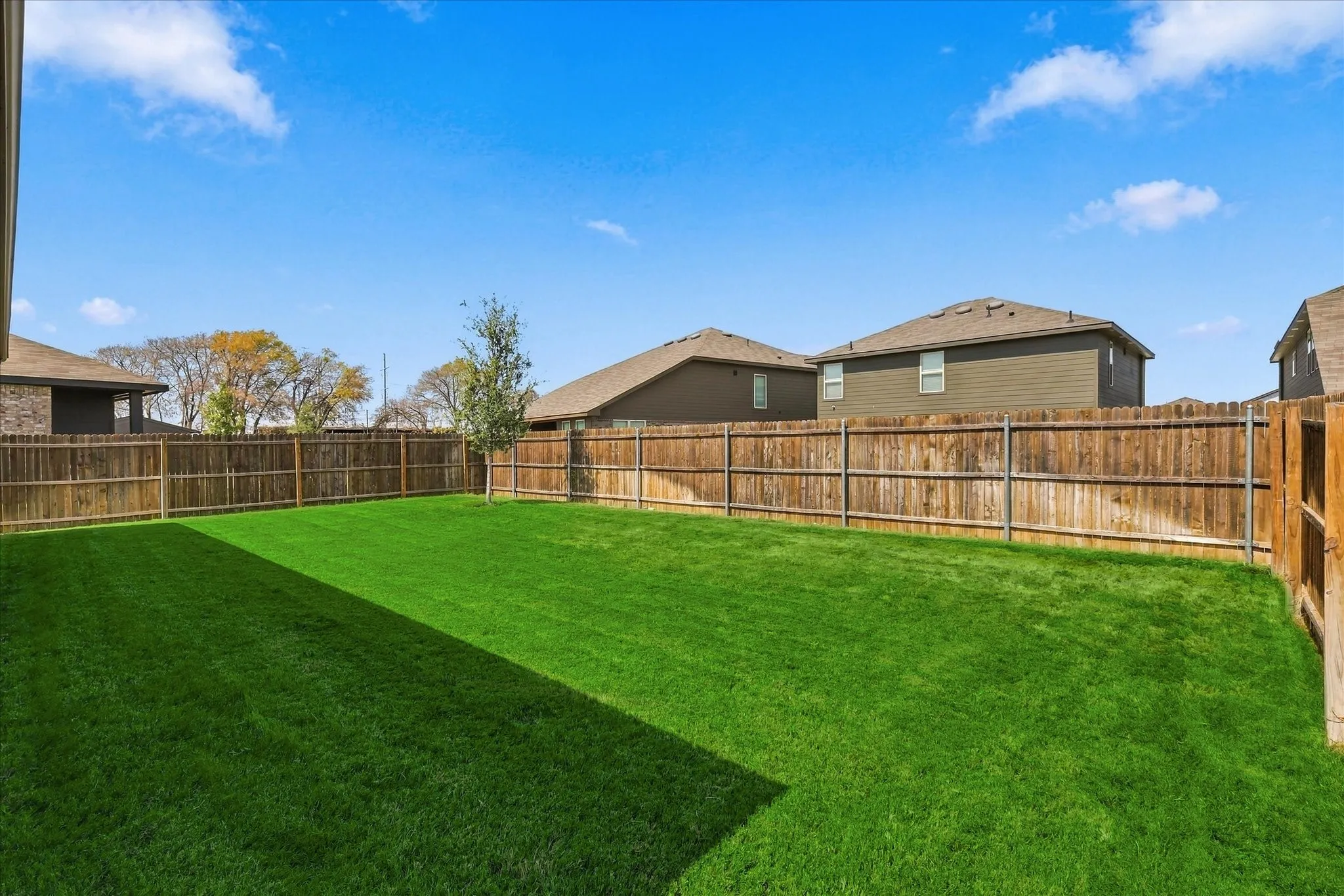 Expansive green lawn, wood privacy fencing, and a small tree
