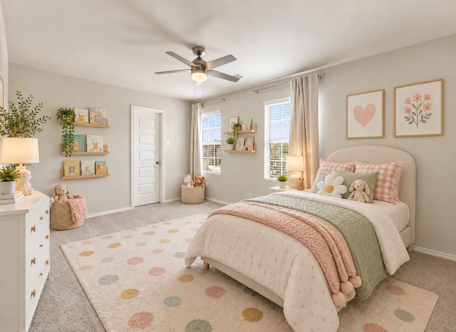 Plush carpeting throughout, ceiling fan with integrated lighting, two windows with blinds and drapery, and a solid interior door with hardware