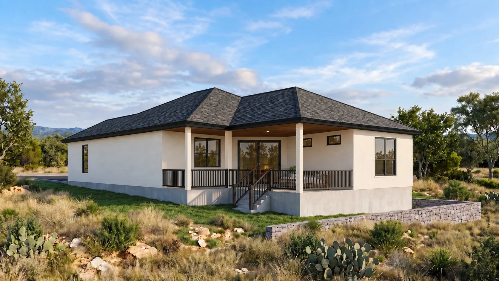 Architectural rendering of proposed finished home. Final appearance and finishes may vary. Single-story residence featuring a covered patio with columns and railings, a dark shingle roof, and a stone retaining wall