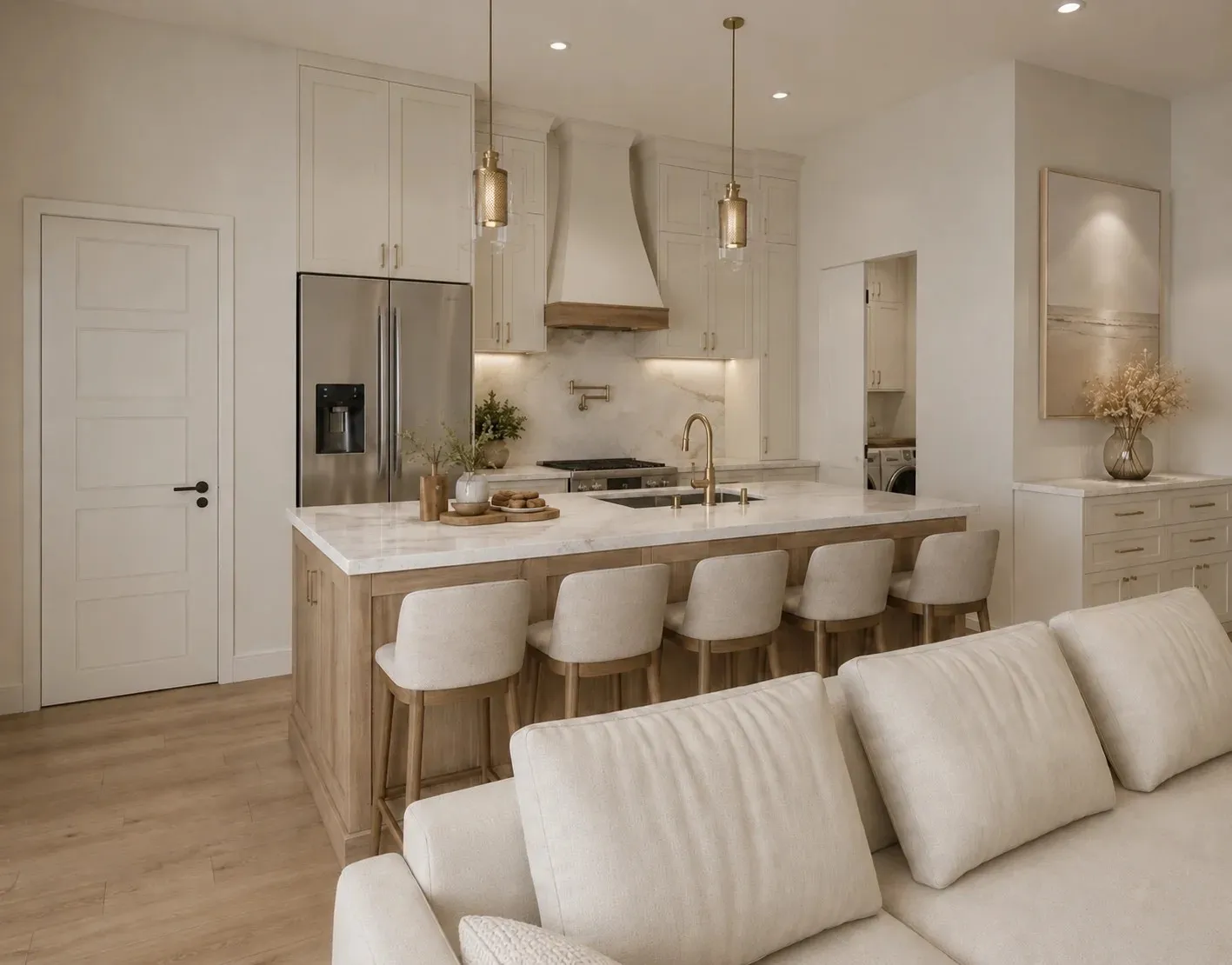 Interior design rendering illustrating the proposed finished space. Final finishes may vary. Integrated kitchen featuring a large central island with seating, stainless steel appliances, white cabinetry, and recessed lighting