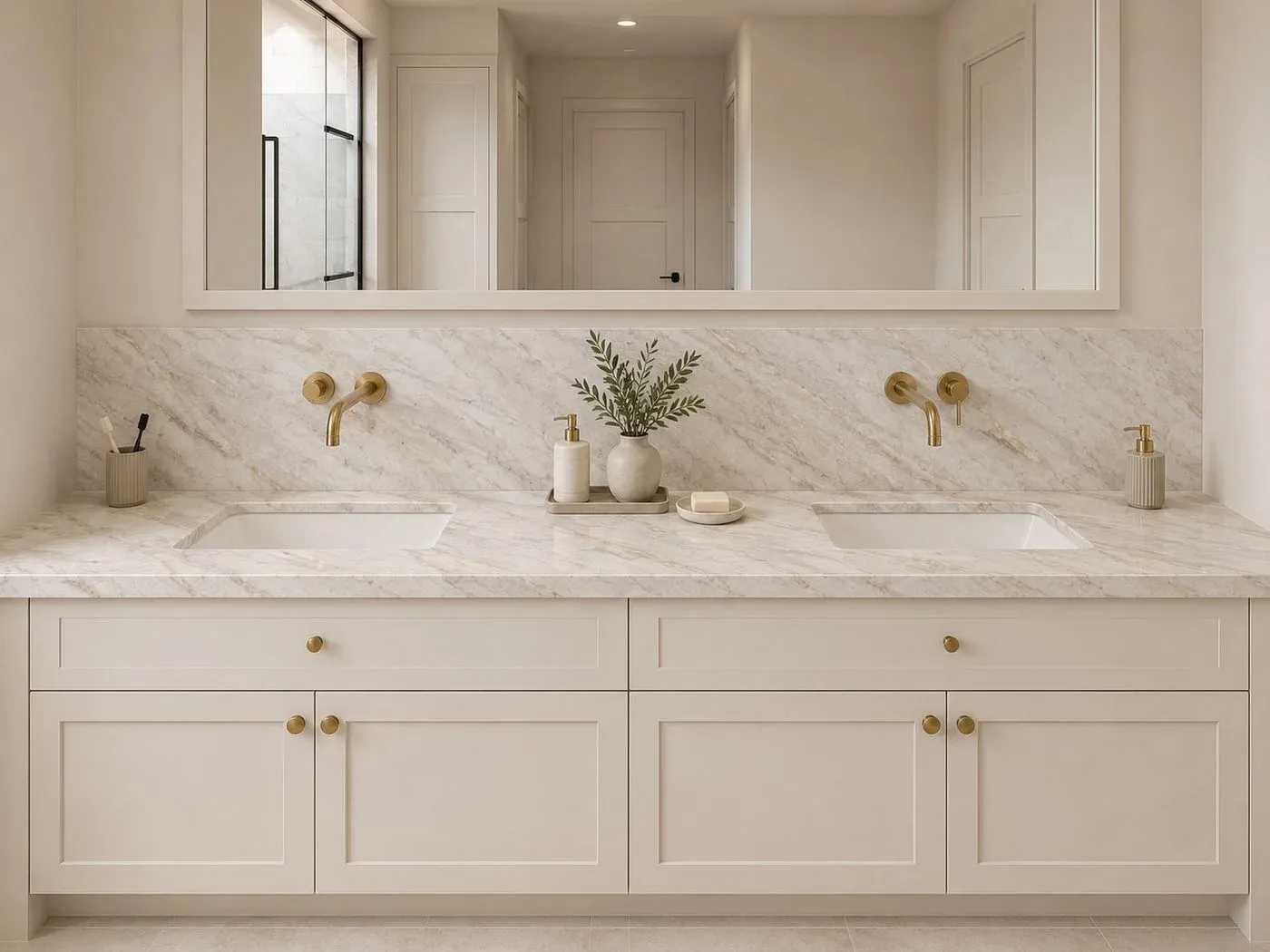 Architectural rendering of proposed finished home. Final appearance and finishes may vary. Interior design rendering illustrating the proposed finished space. Final finishes may vary. Dual integrated sinks with wall-mounted brass faucets, complemented by a large vanity mirror