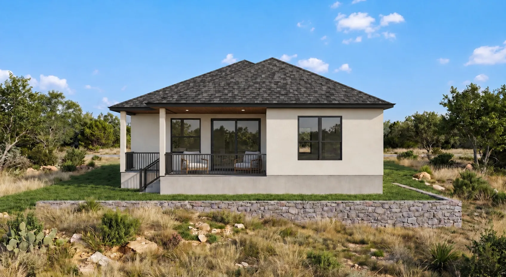 Architectural rendering of proposed finished home. Final appearance and finishes may vary. Contemporary stucco exterior with a covered rear patio, dark-framed windows, and a shingle roof