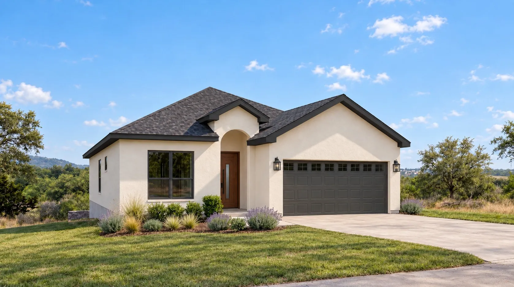 Architectural rendering of proposed finished home. Final appearance and finishes may vary. Stucco exterior with a dark shingled roof and dark trim