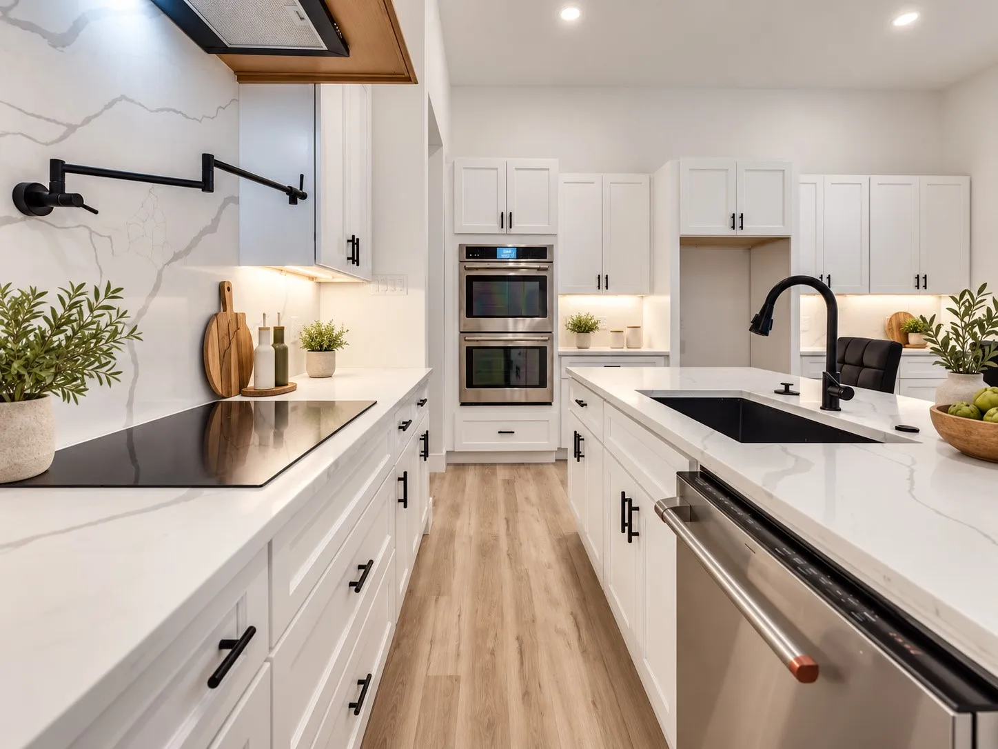 White shaker cabinetry with matte black hardware, integrated double ovens, an induction cooktop, and a pot filler