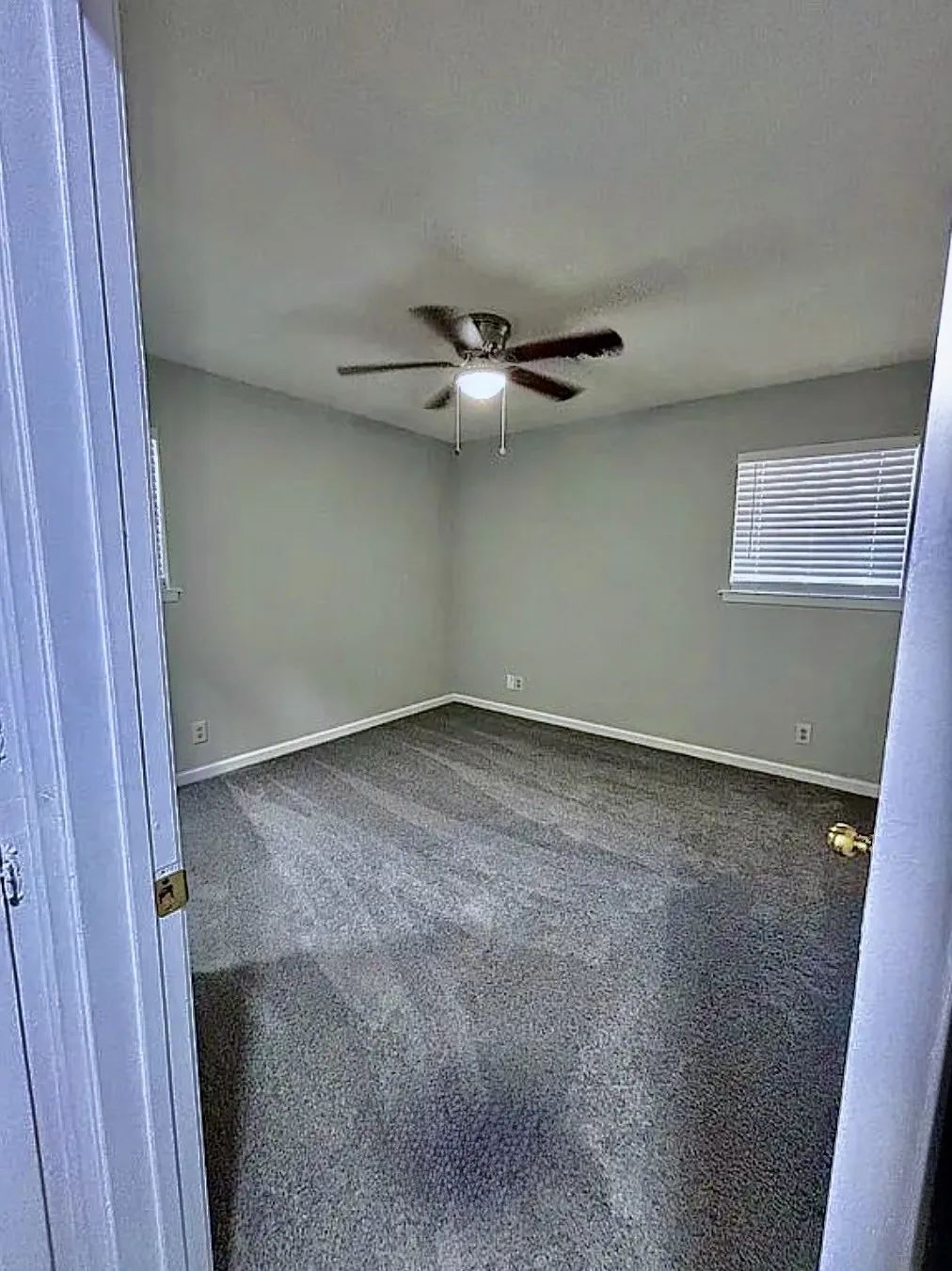 Gray carpeted flooring, light gray wall paint, and a ceiling fan with integrated lighting