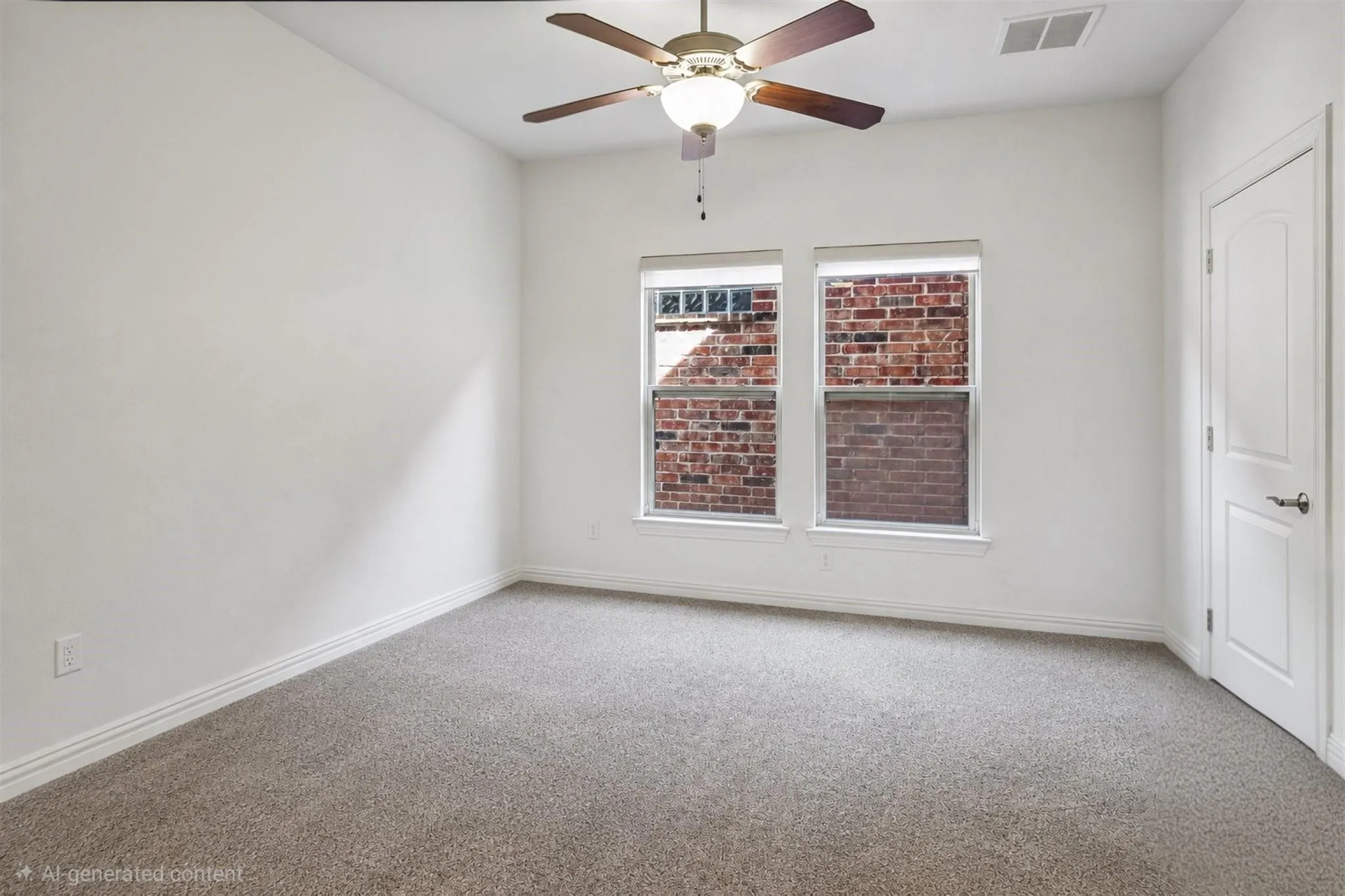 Neutral carpeted flooring with white wall finishes, dual windows featuring roller shades, and a ceiling fan with integrated lighting