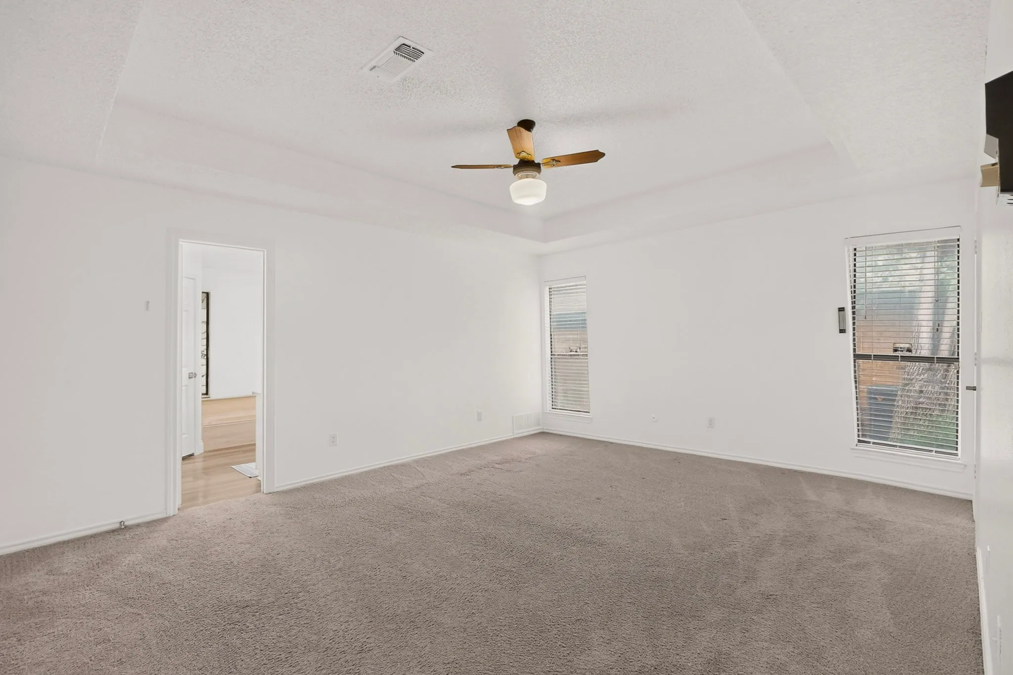Room with carpeting and a tray ceiling, featuring multiple windows with blinds