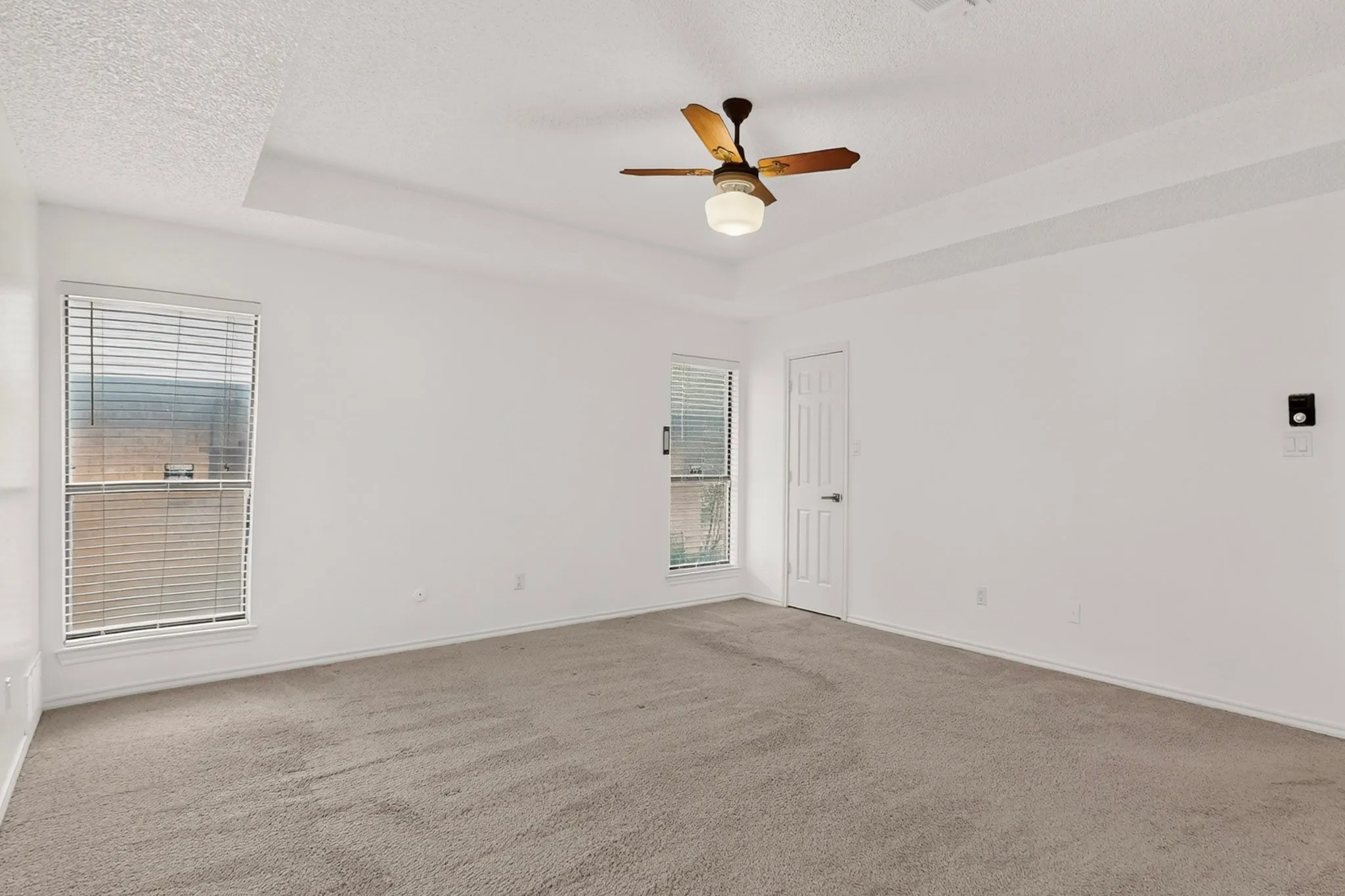 Tray ceiling with a ceiling fan, two windows with blinds, white paneled door, and neutral carpet flooring