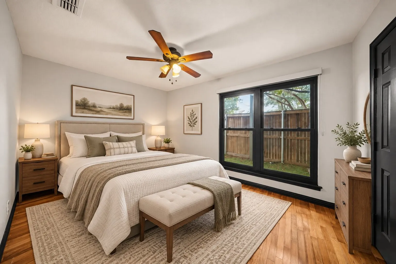 Hardwood flooring, painted walls, ceiling fan, and large window overlooking the backyard