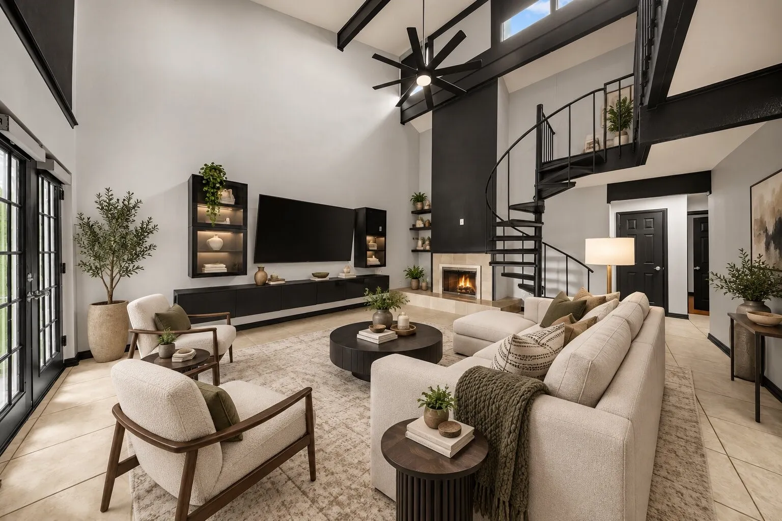 Soaring ceilings with exposed beams, spiral staircase, built-in media console with illuminated shelving, fireplace with hearth, and tiled flooring
