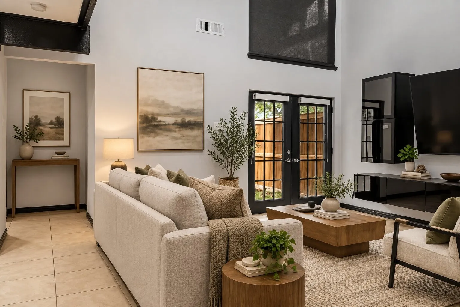 Vaulted ceilings with exposed beams, tile flooring, and double French doors with transom window