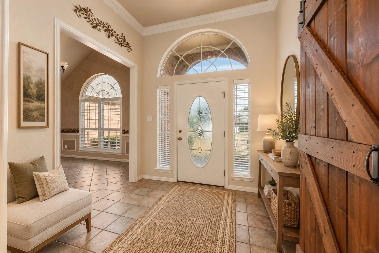 Spacious entry with barn door