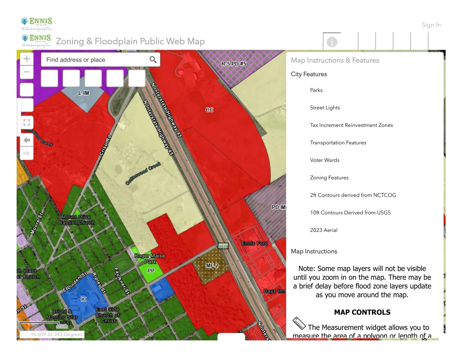 Zoning and Floodplain Public Web Map. Displaying city features, map instructions, and controls for the property