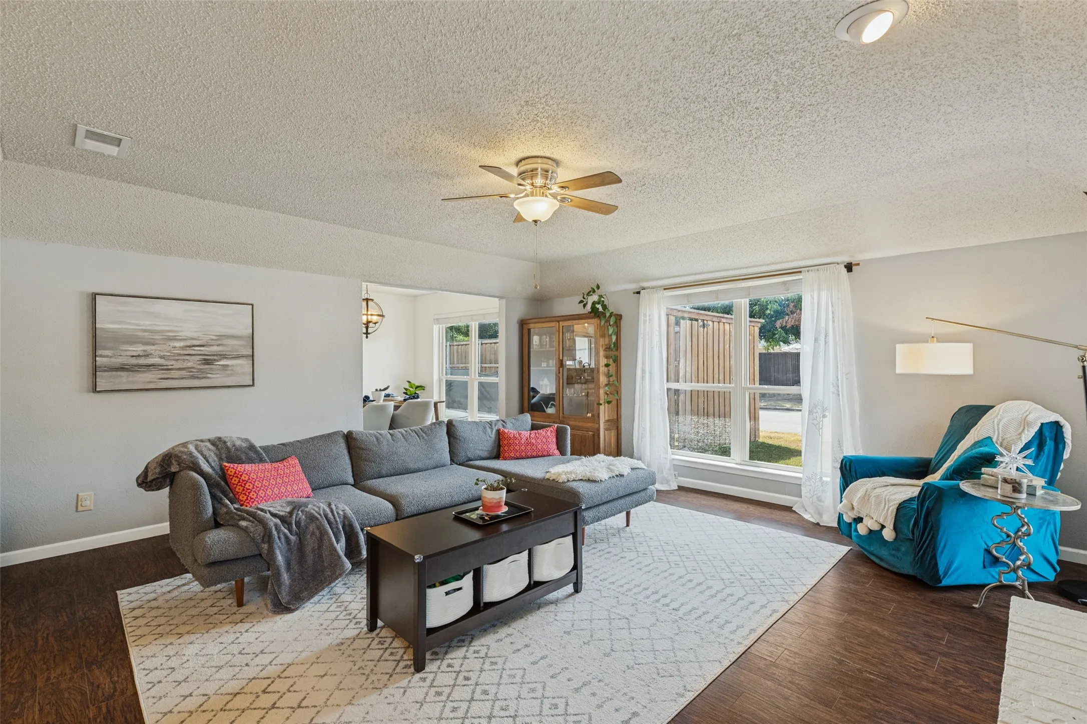Vaulted living room with gas fireplace