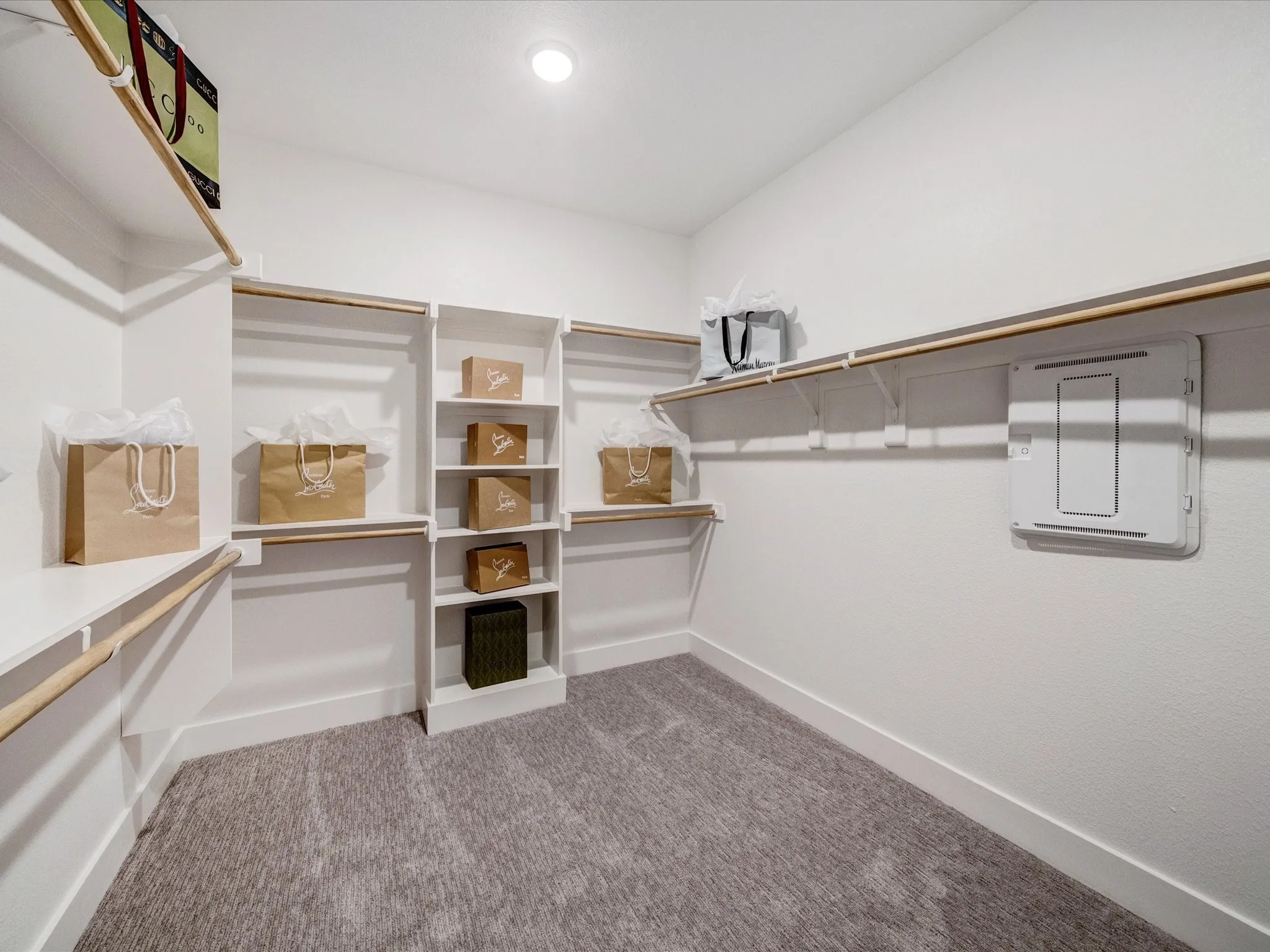 Spacious closet featuring light colored carpet