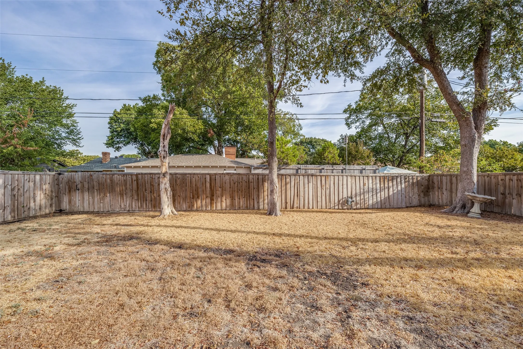 Expansive backyard featuring a wood fence perimeter and mature trees