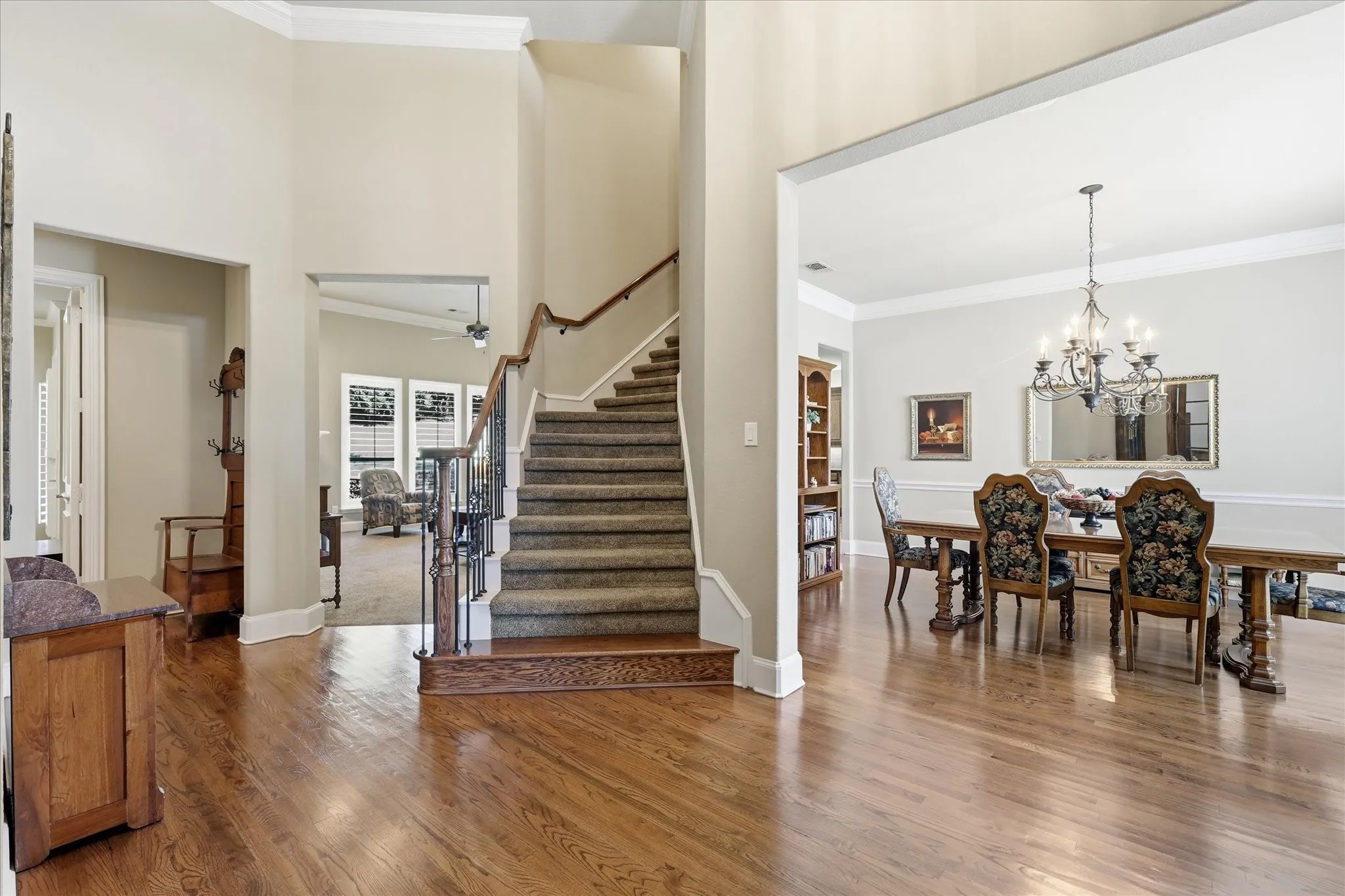 Wood-finish flooring throughout the entry and dining area