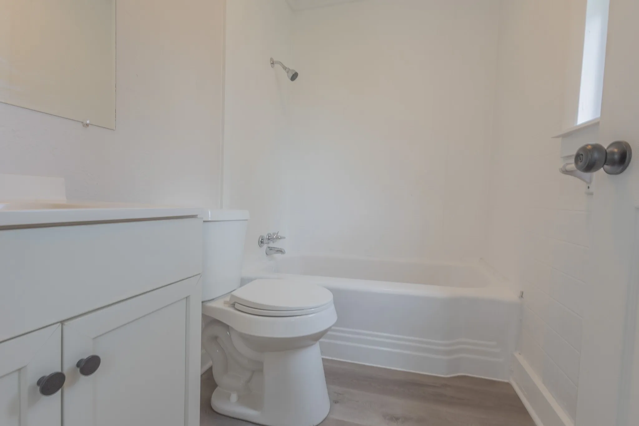 White vanity with dark hardware, a toilet, and a white bathtub with a shower head