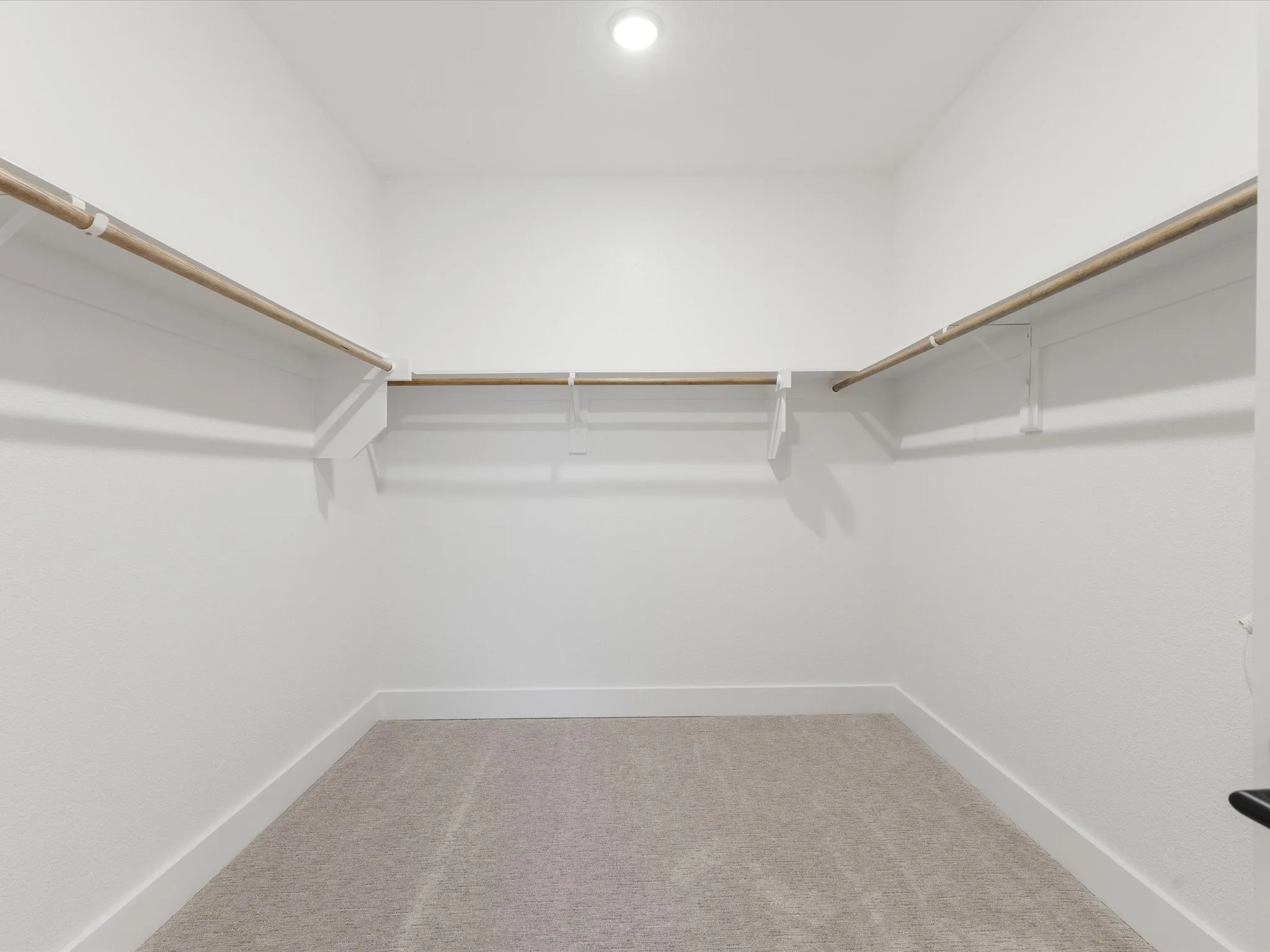 Spacious closet featuring light colored carpet