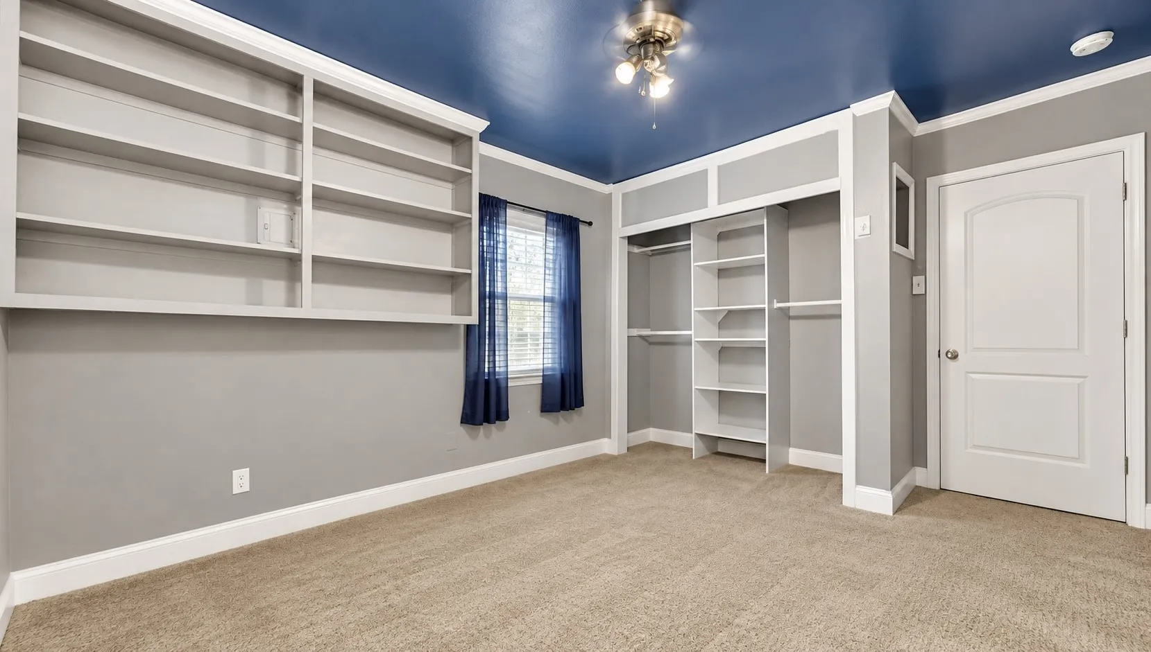 Wall-mounted shelving, built-in closet organization, carpet flooring, a ceiling-mounted light fixture, and a paneled interior door