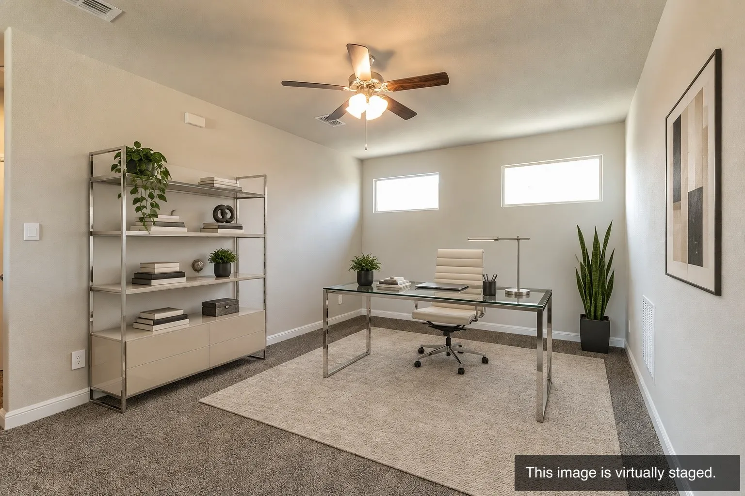 Recessed lighting, ceiling fan light fixture, and two rectangular transom windows
