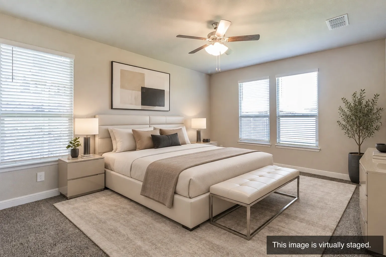 Recessed ceiling fan, dual windows with blinds, carpeted flooring, and neutral wall tones
