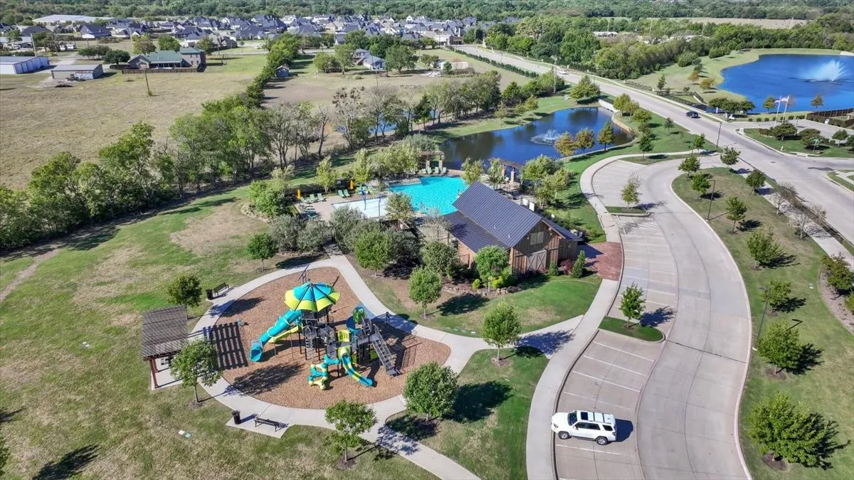 Aerial view of the Trailstone community pool, park, and pond