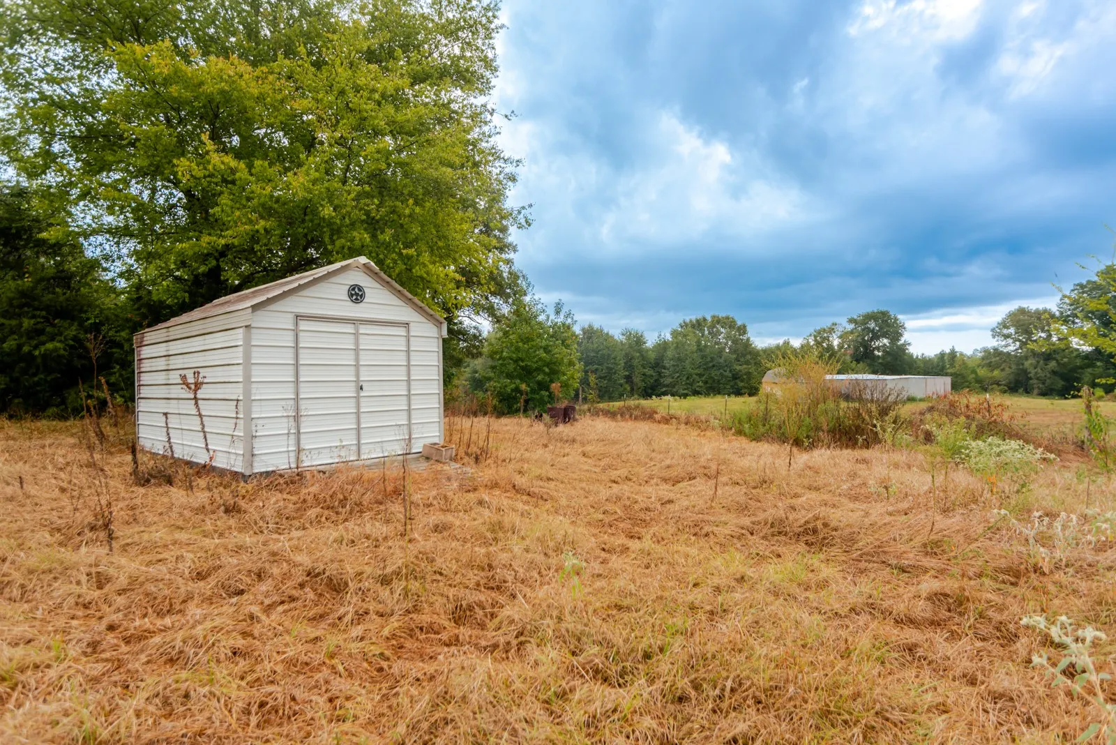 Metal storage shed with a gable roof