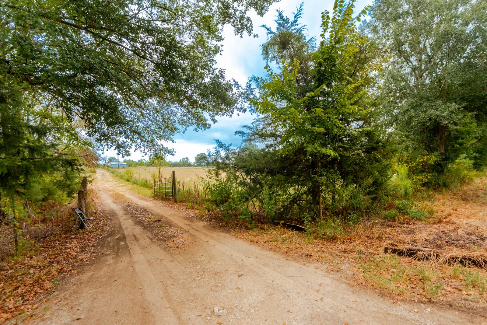 Gravel driveway with mature trees, a wooden fence, and a gate opening to a field