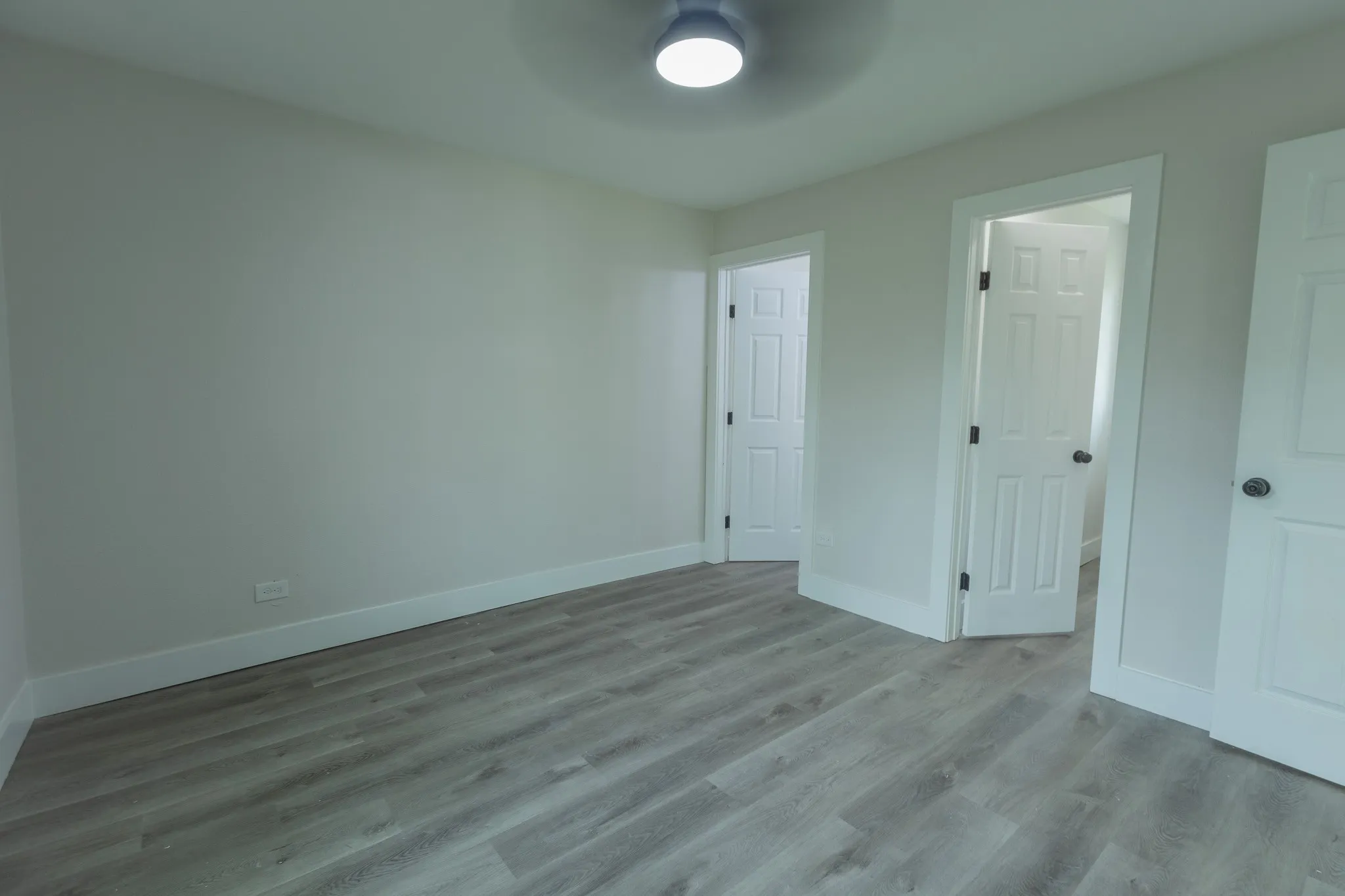 Light wood-finish flooring, white walls, and a ceiling-mounted light fixture