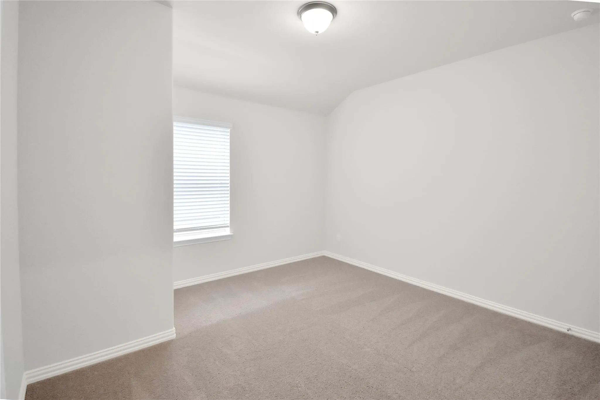Neutral wall color, window with blinds, carpeted flooring, flush mount ceiling light