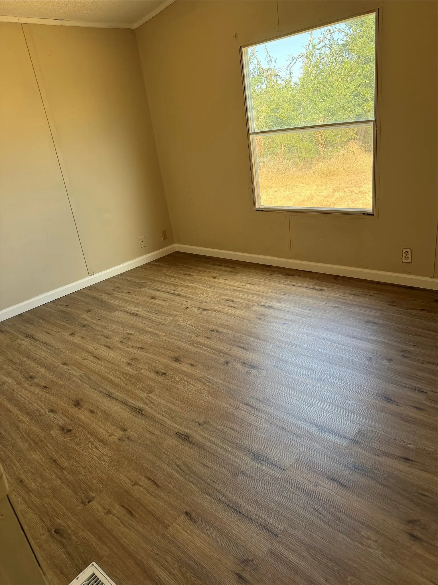 Wood-finish plank flooring with neutral wall paint and a single window