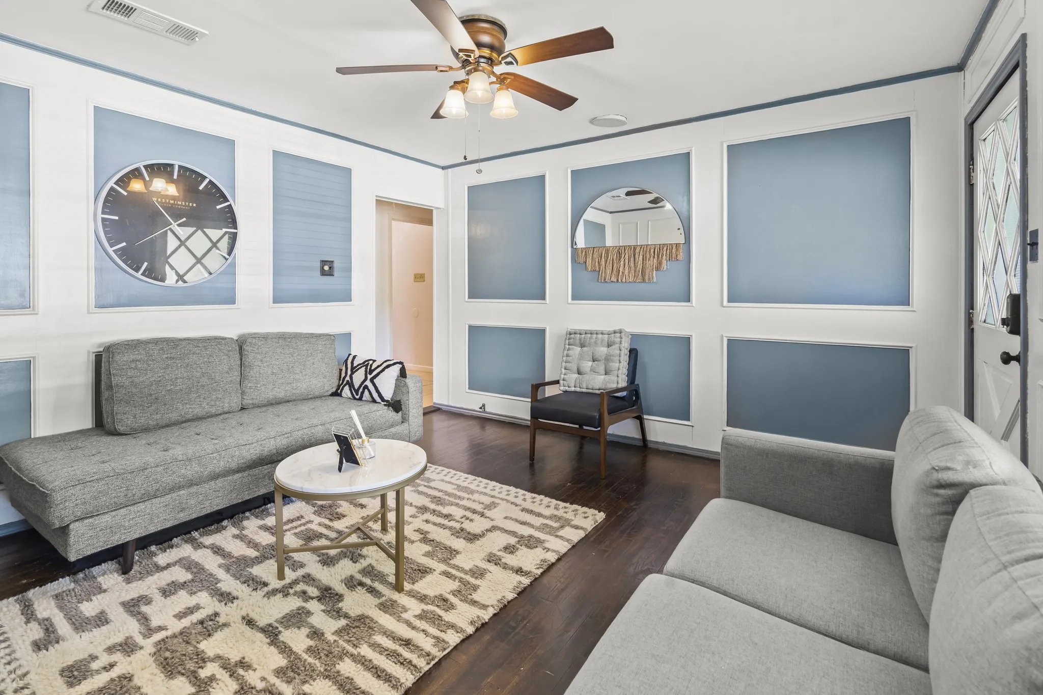 wood-finish flooring ceiling fan with integrated lighting